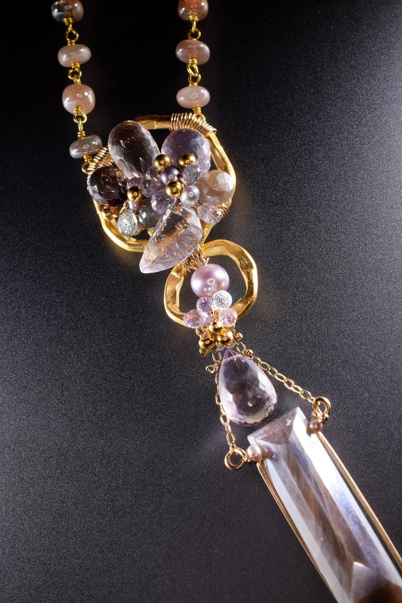 long multi drop gemstone pearl gold layering necklace