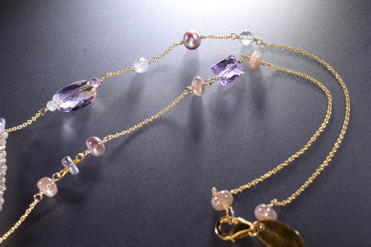 gold horizontal bar gemstone pearl encrusted graduating drop necklace