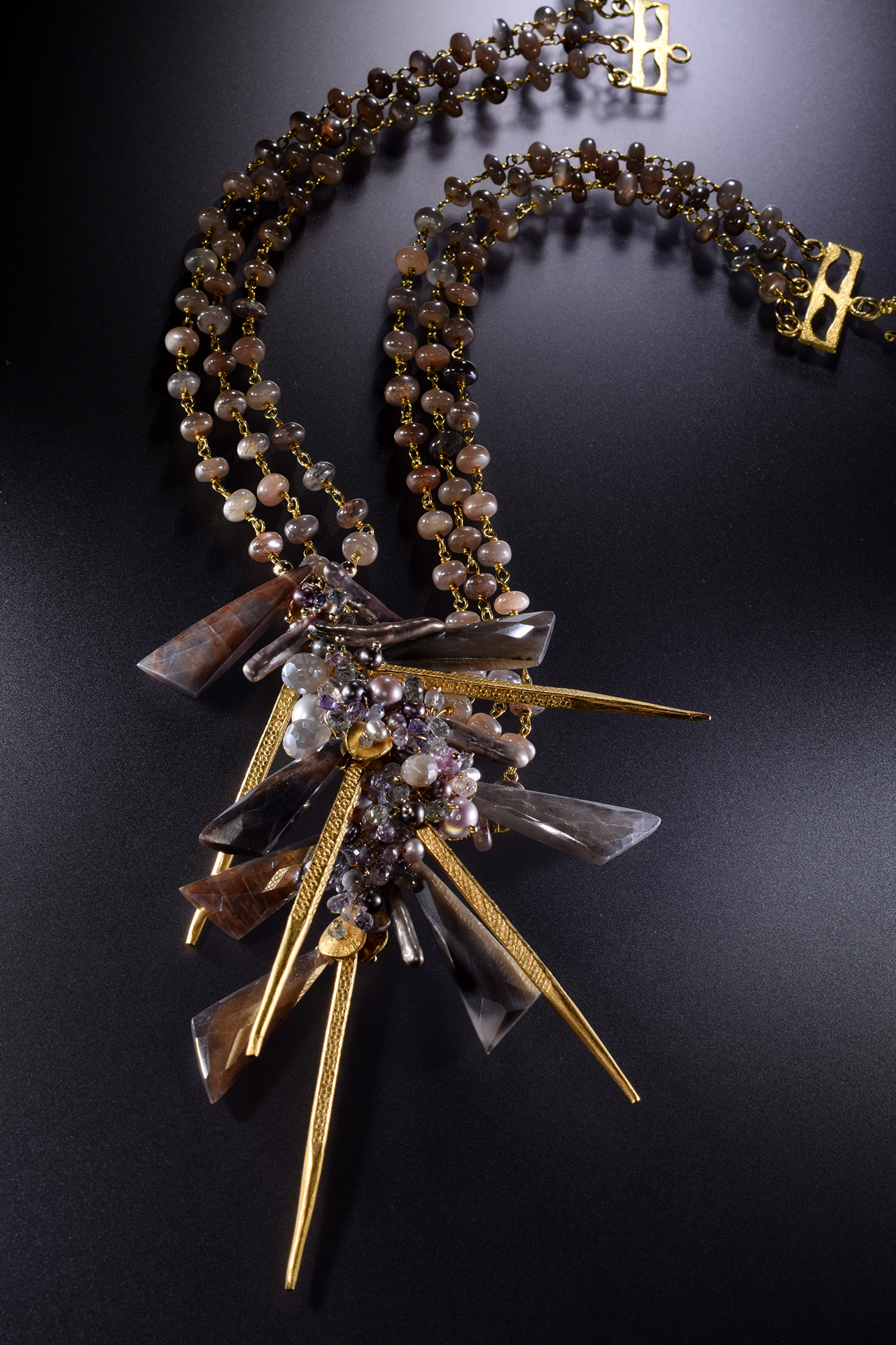 signature statement asymmetric gemstone cluster with multi gold spikes necklace