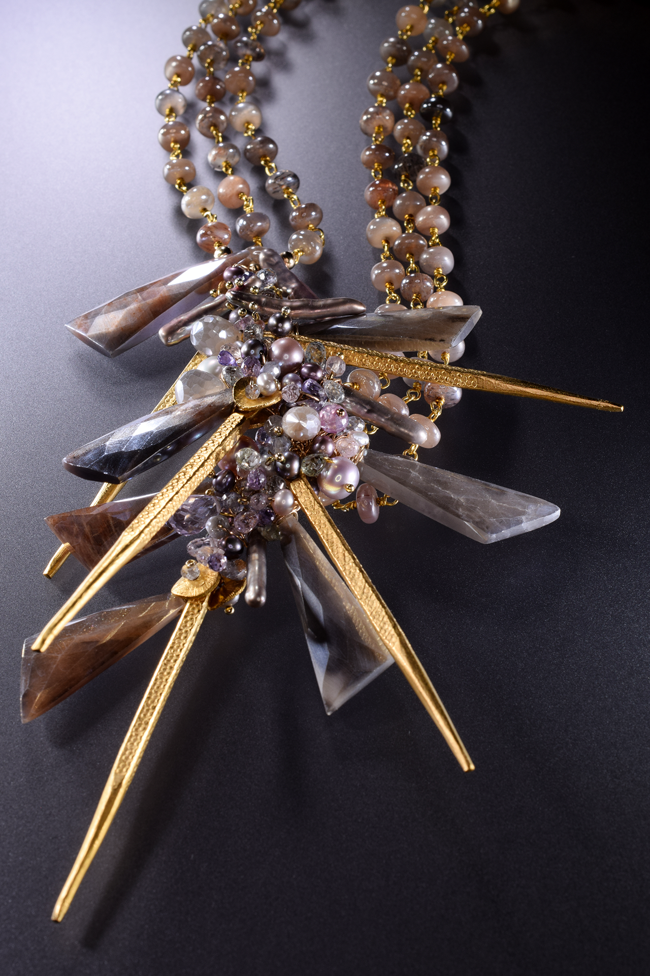 signature statement asymmetric gemstone cluster with multi gold spikes necklace