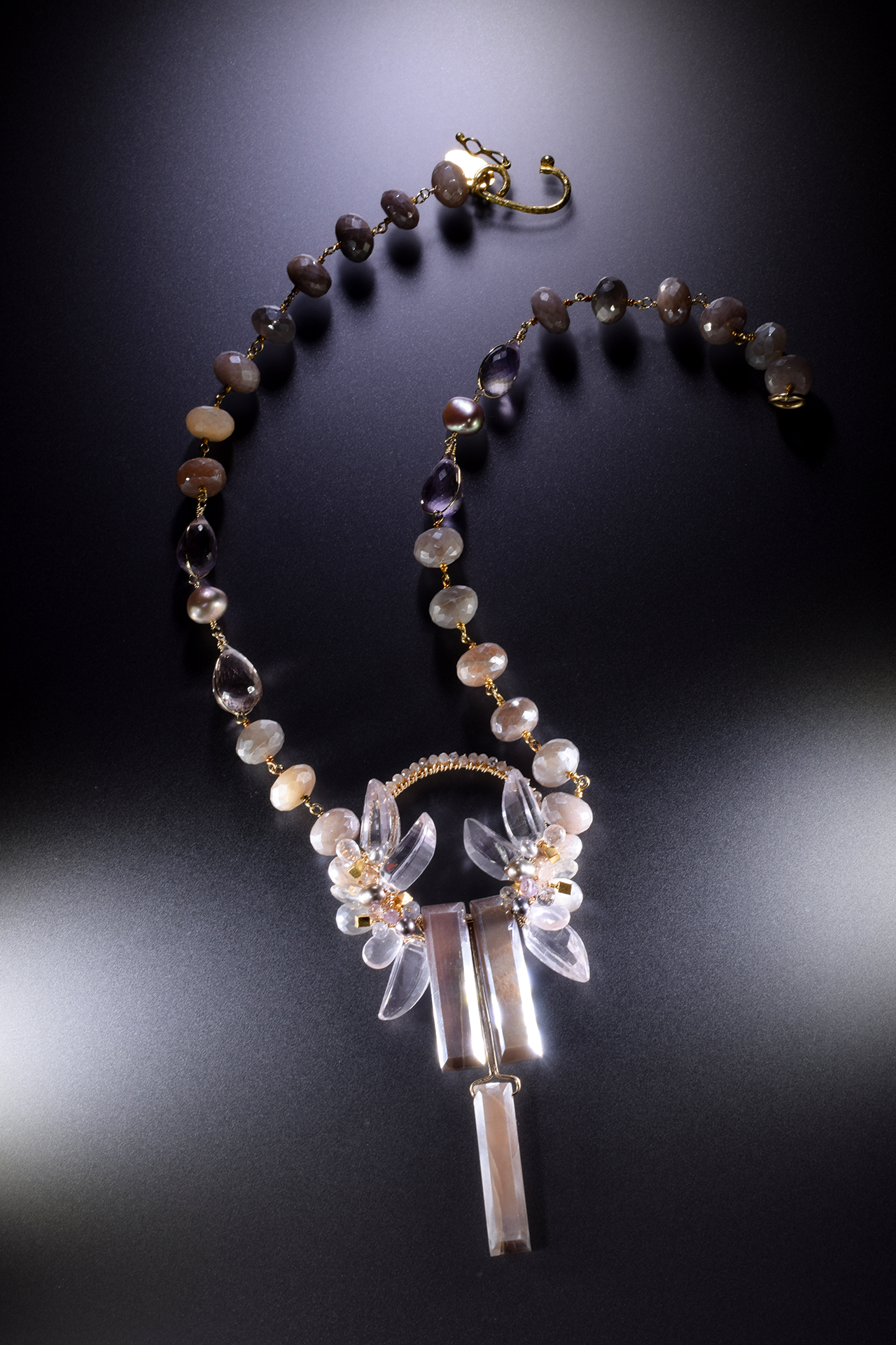 triple rectangle gemstone pearl cluster circle gold pendant necklace