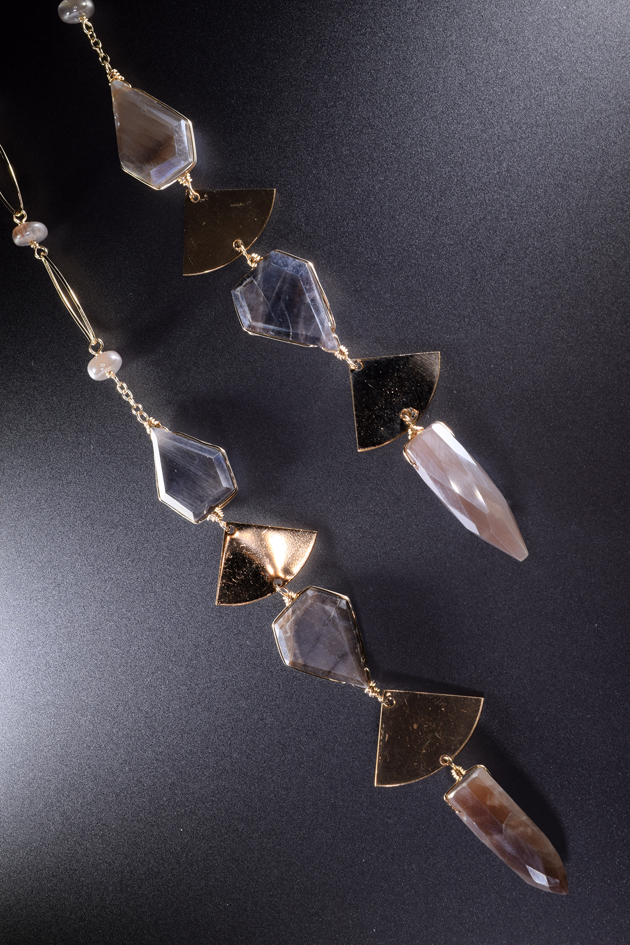 double tassel geometric gold gemstone long necklace