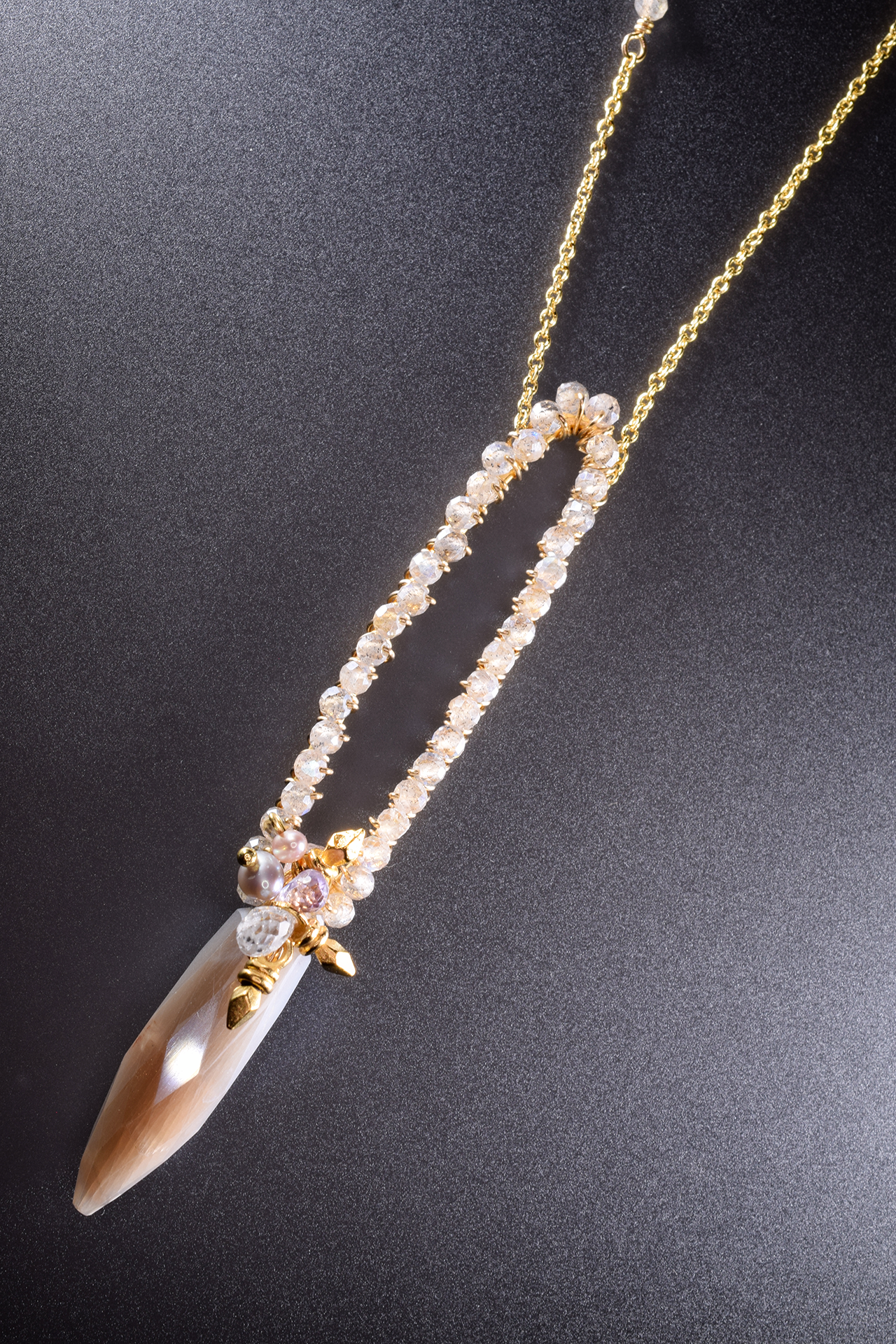 long oval gemstone encrusted single moonstone spike drop pendant gold necklace