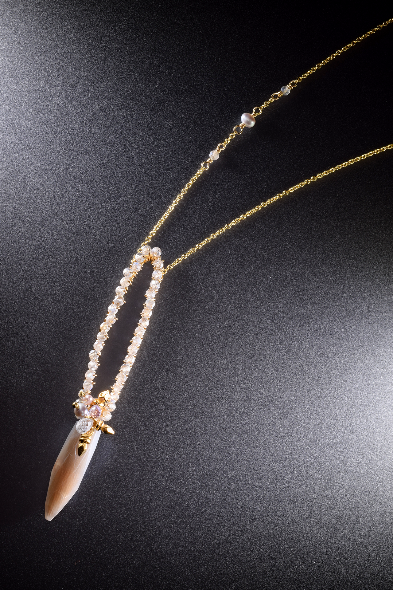 long oval gemstone encrusted single moonstone spike drop pendant gold necklace
