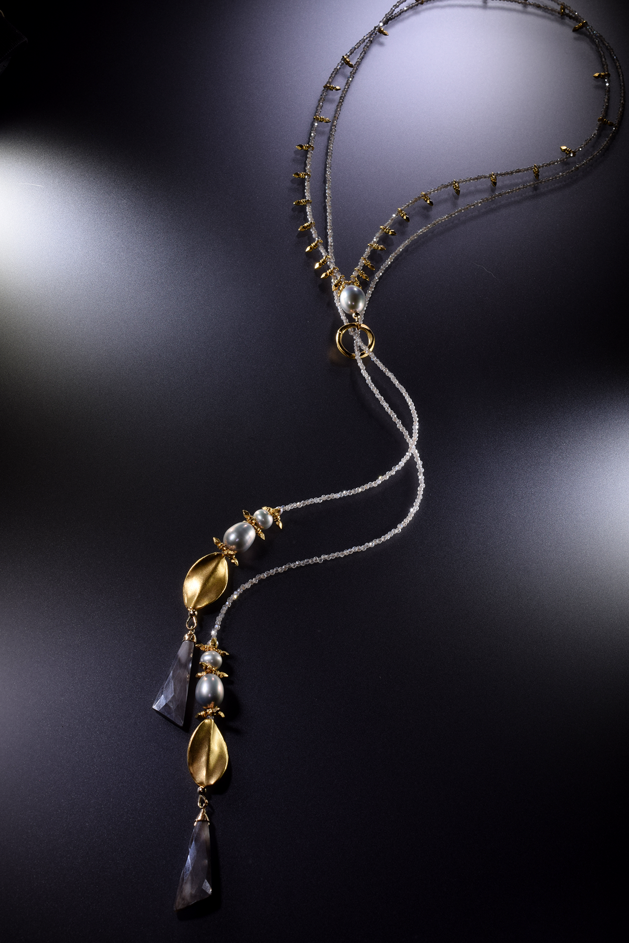 adjustable gemstone pearl lariat with double gold tassels