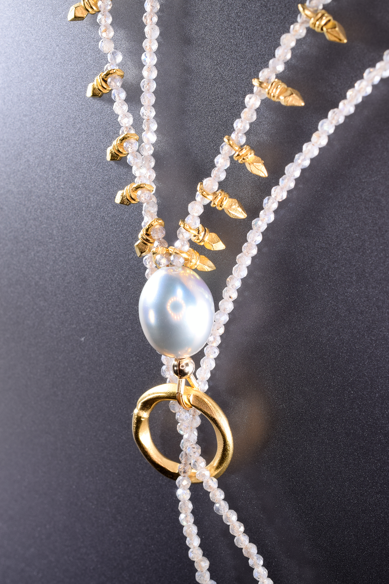 adjustable gemstone pearl lariat with double gold tassels