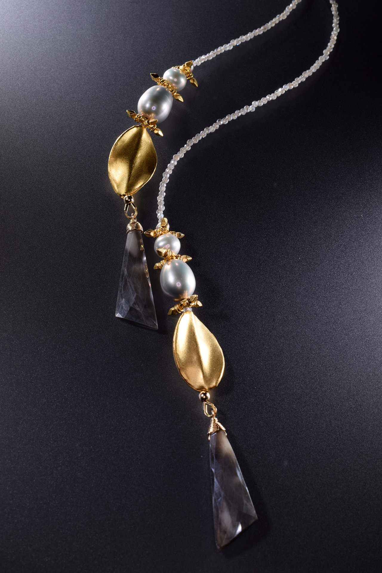 adjustable gemstone pearl lariat with double gold tassels