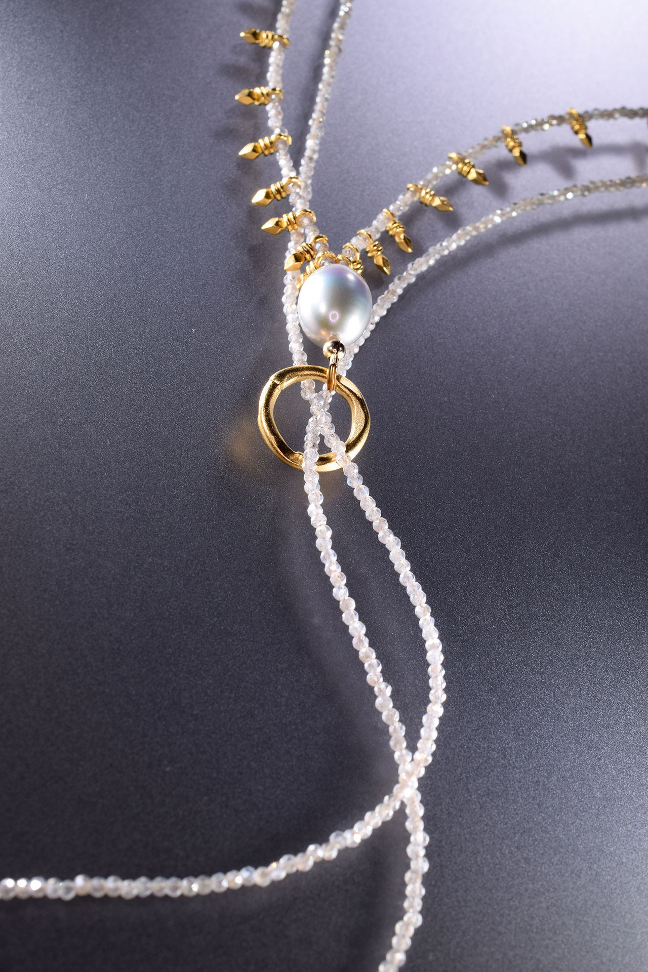 adjustable gemstone pearl lariat with double gold tassels