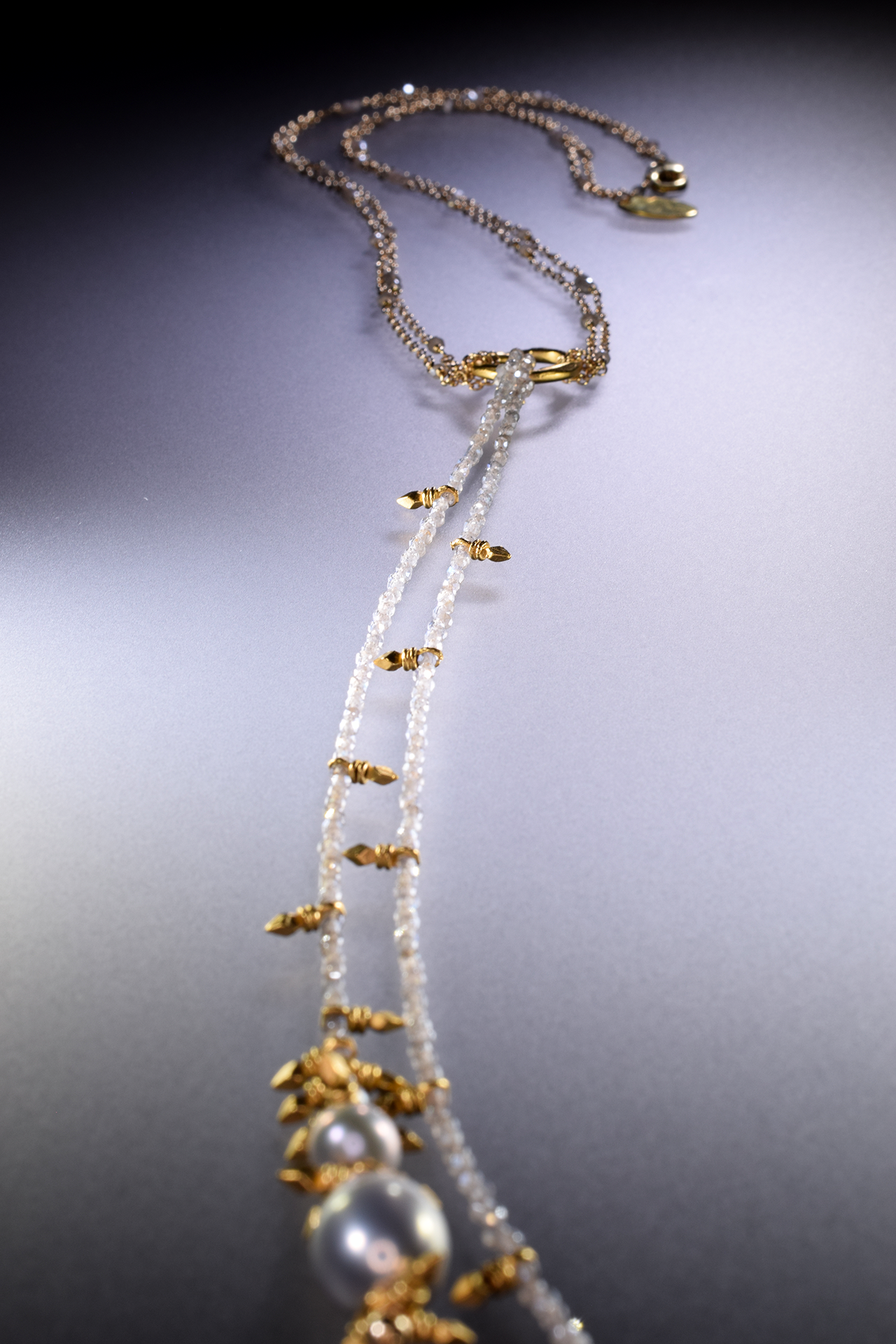long double tassel gemstone pearl gold necklace