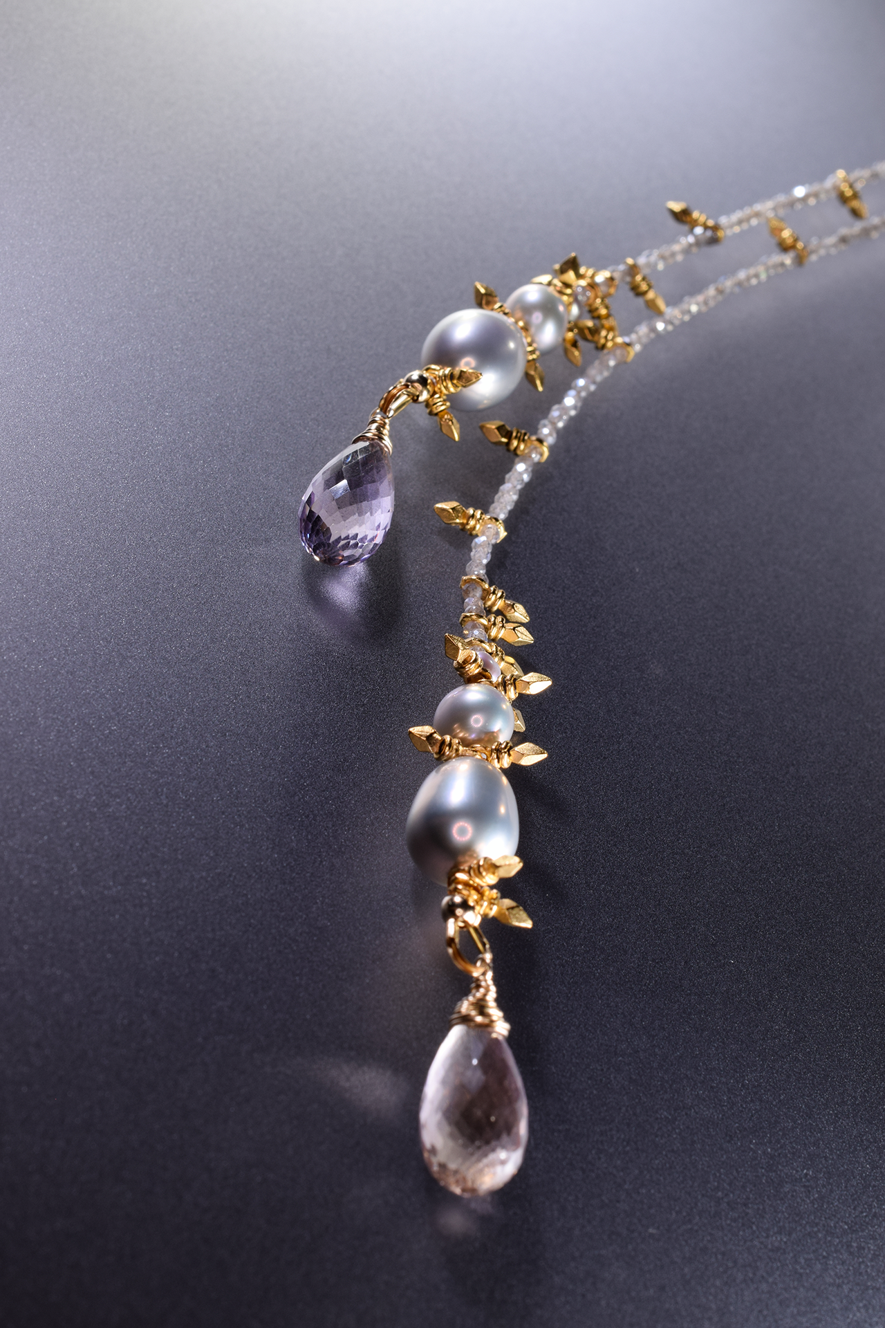 long double tassel gemstone pearl gold necklace