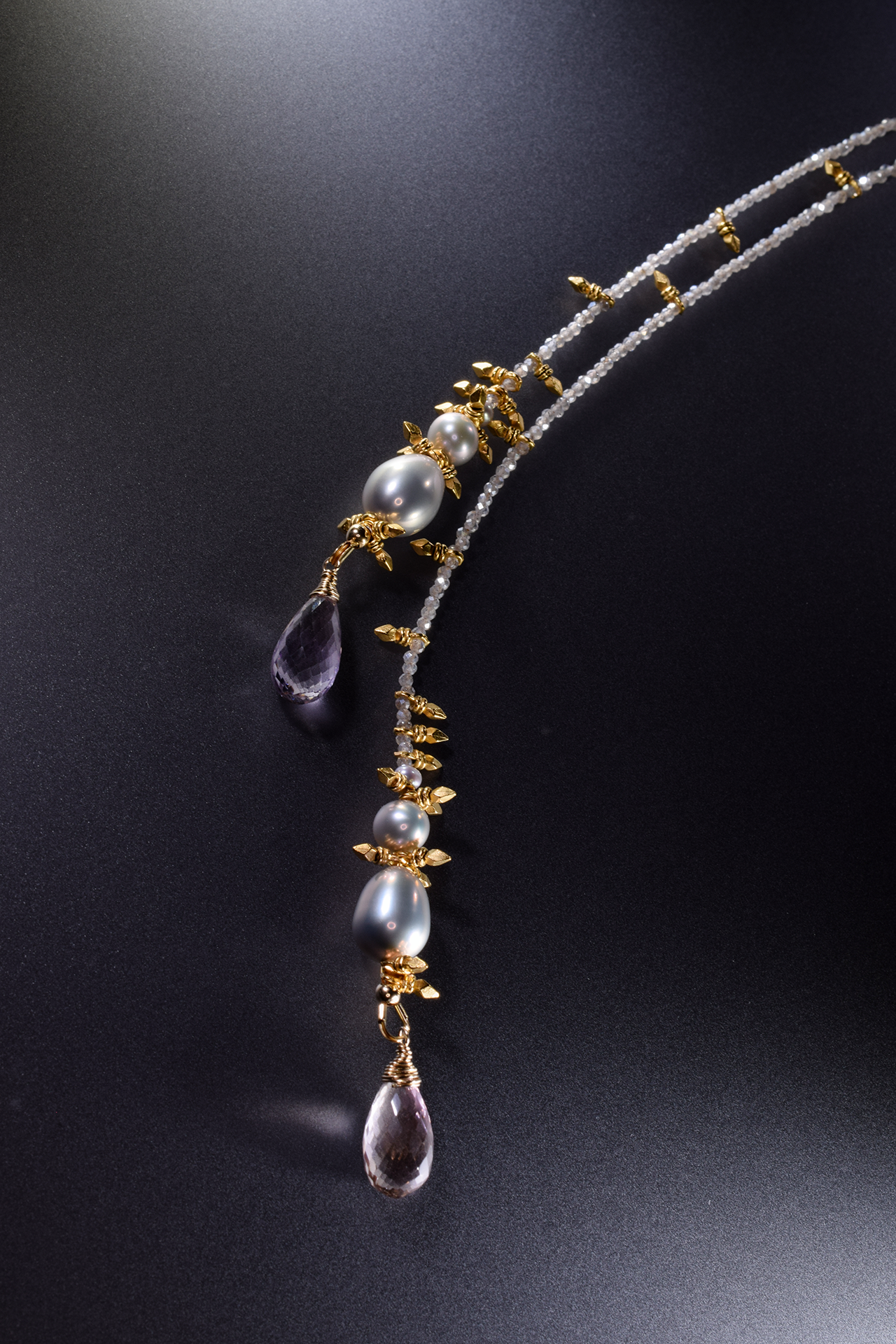 long double tassel gemstone pearl gold necklace