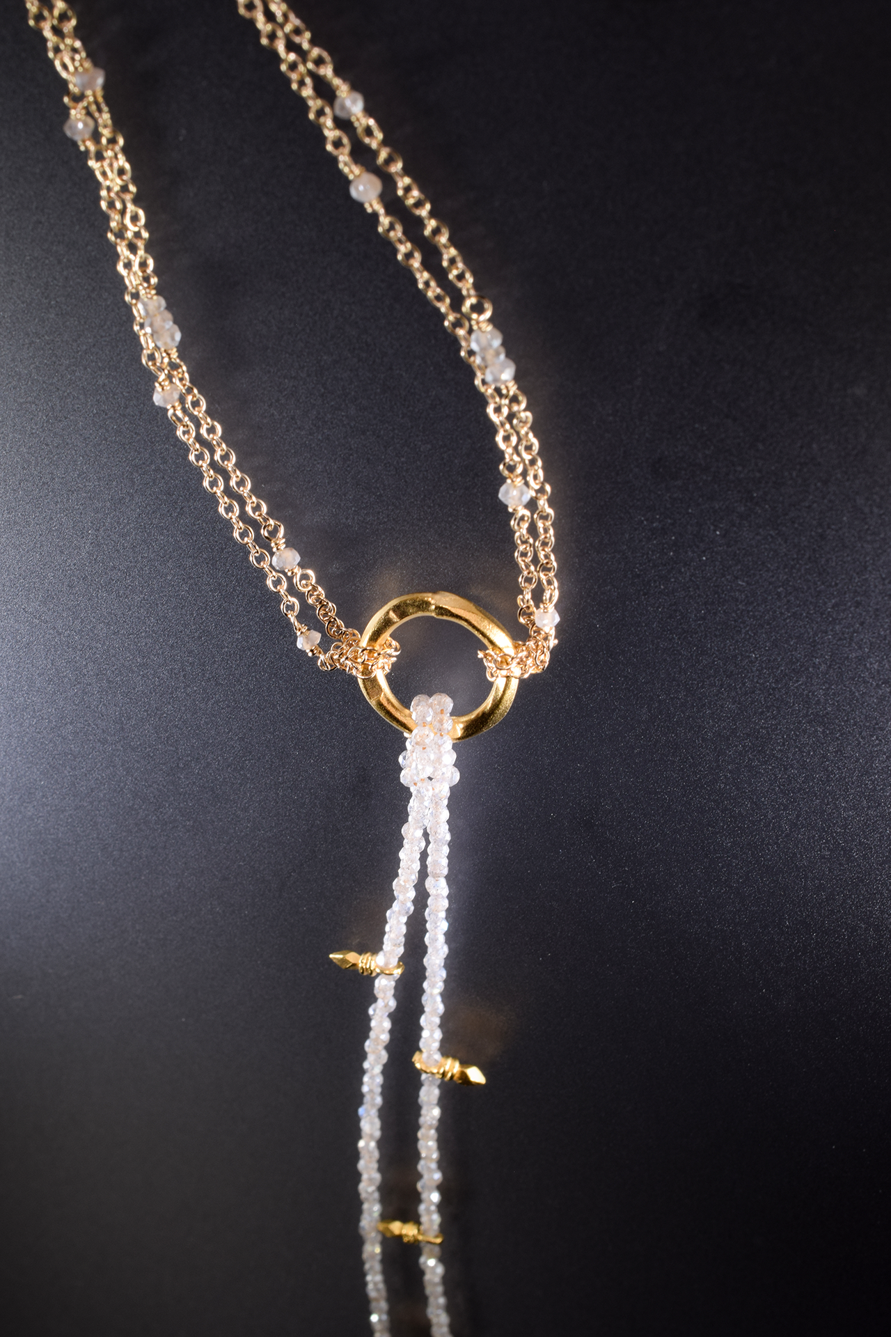 long double tassel gemstone pearl gold necklace