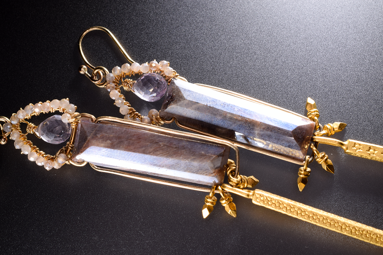 long column rectangle moonstone single gold spike drop earrings