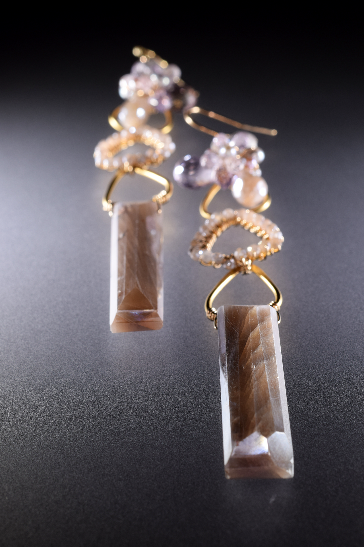 triple drop long column rectangle moonstone gold gemstone earrings
