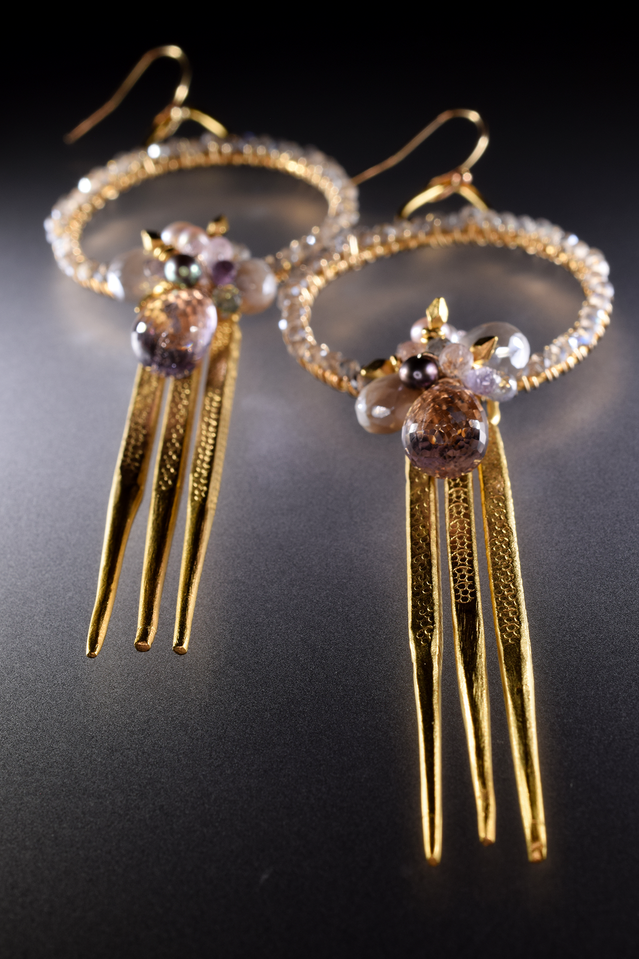encrusted hoop gemstone cluster triple spike gold drop earrings