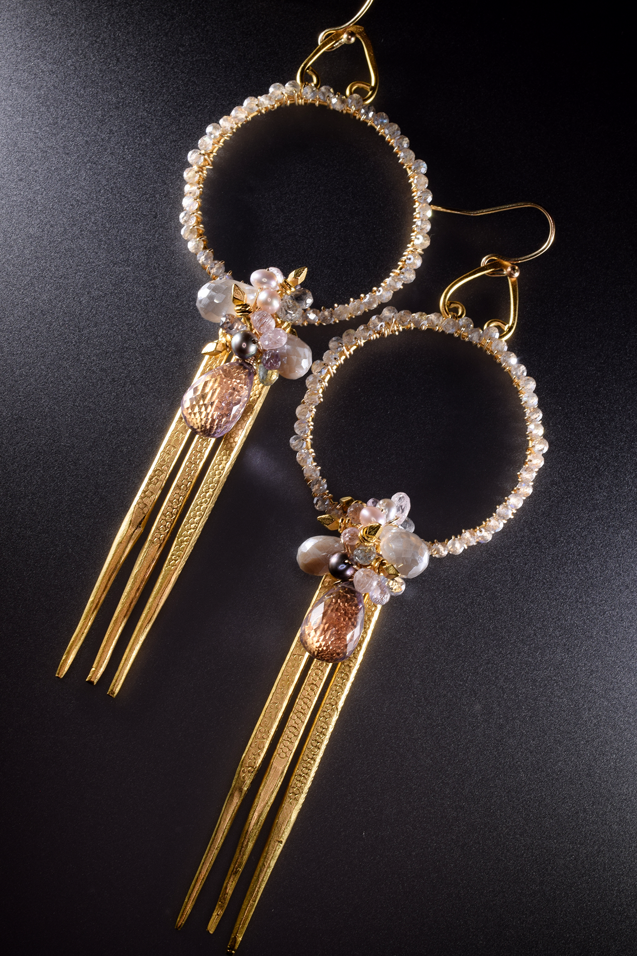 encrusted hoop gemstone cluster triple spike gold drop earrings