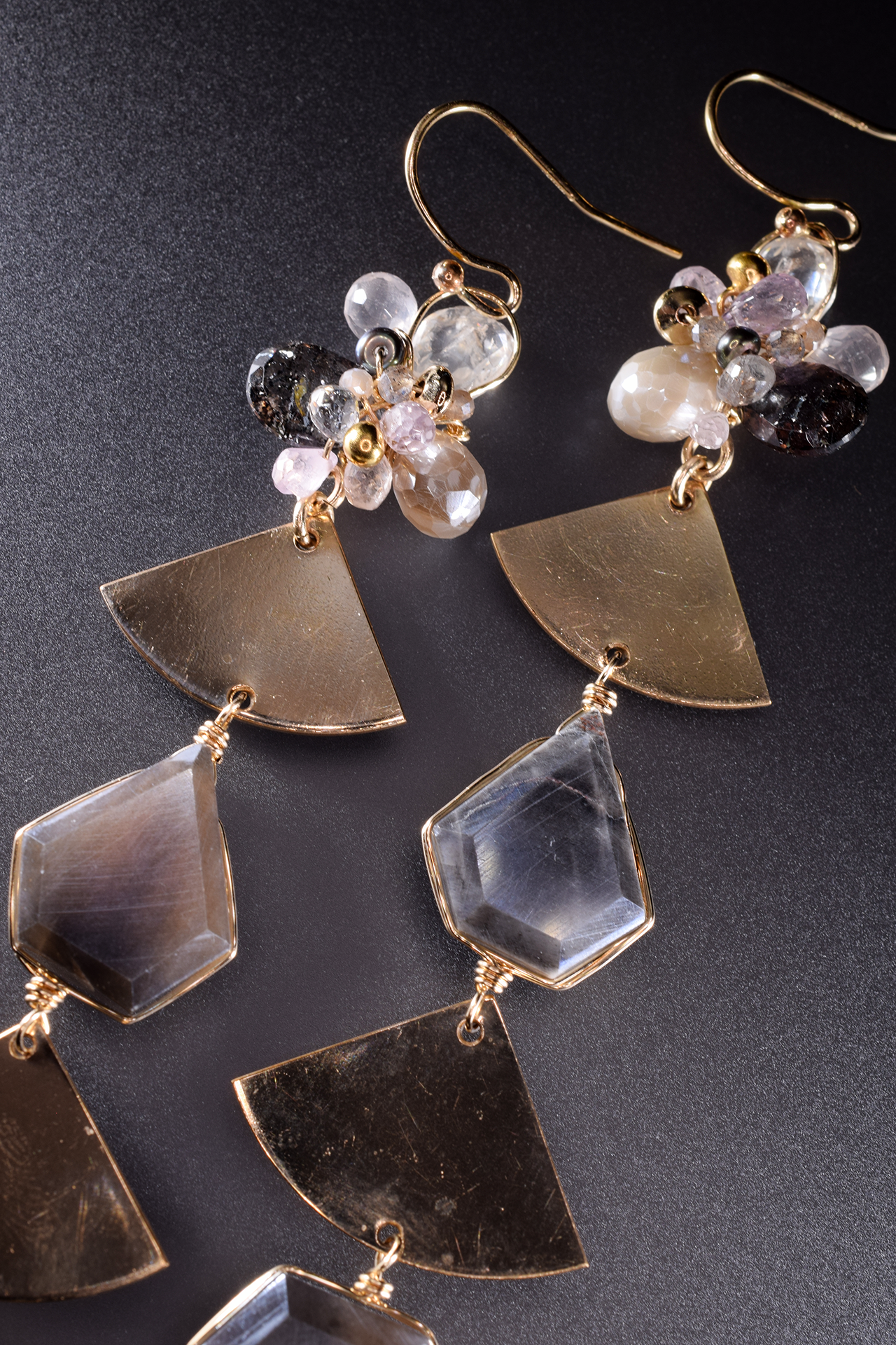 geometric dangle drop gold gemstone cluster earrings