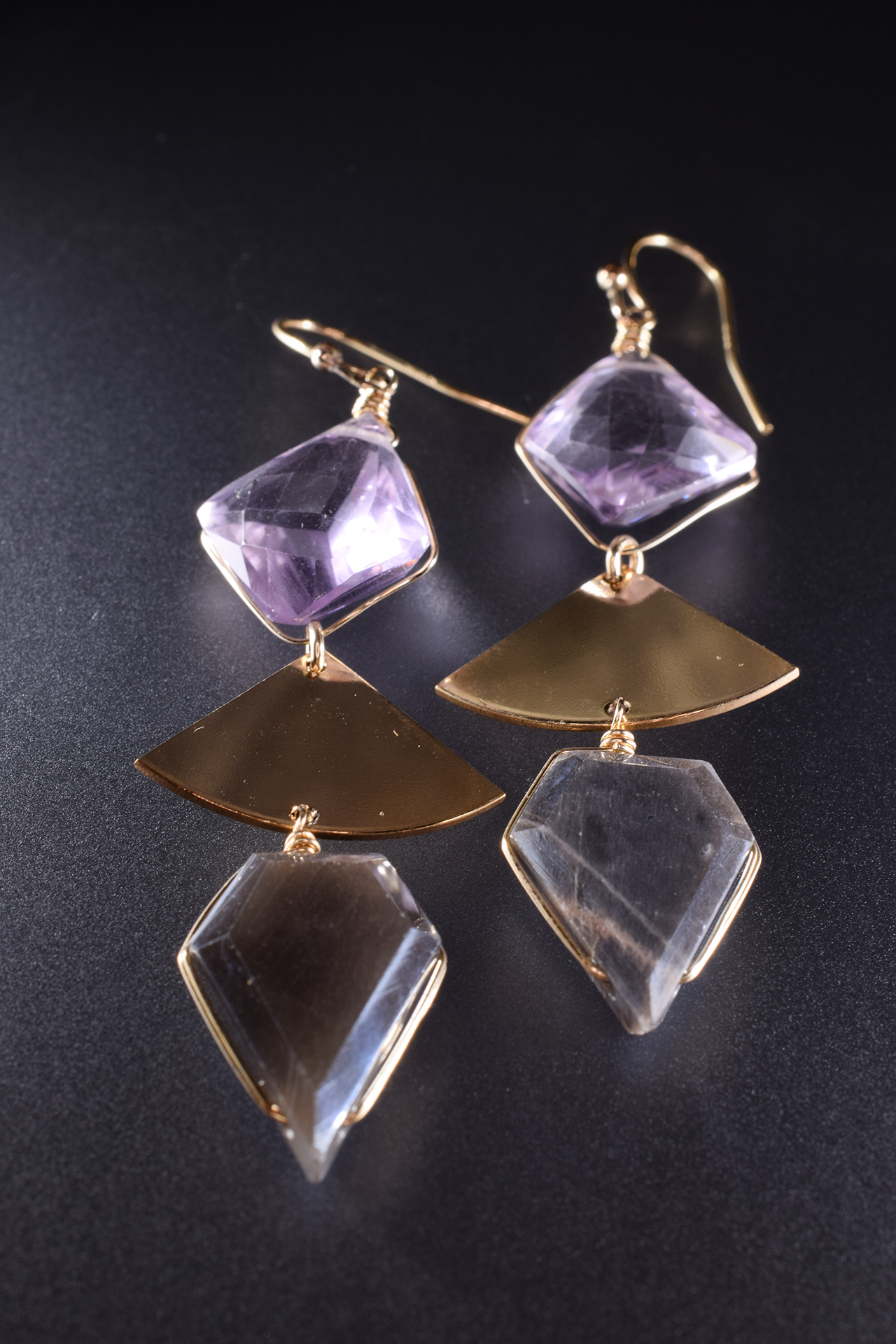 geometric triple short gemstone gold drop earrings