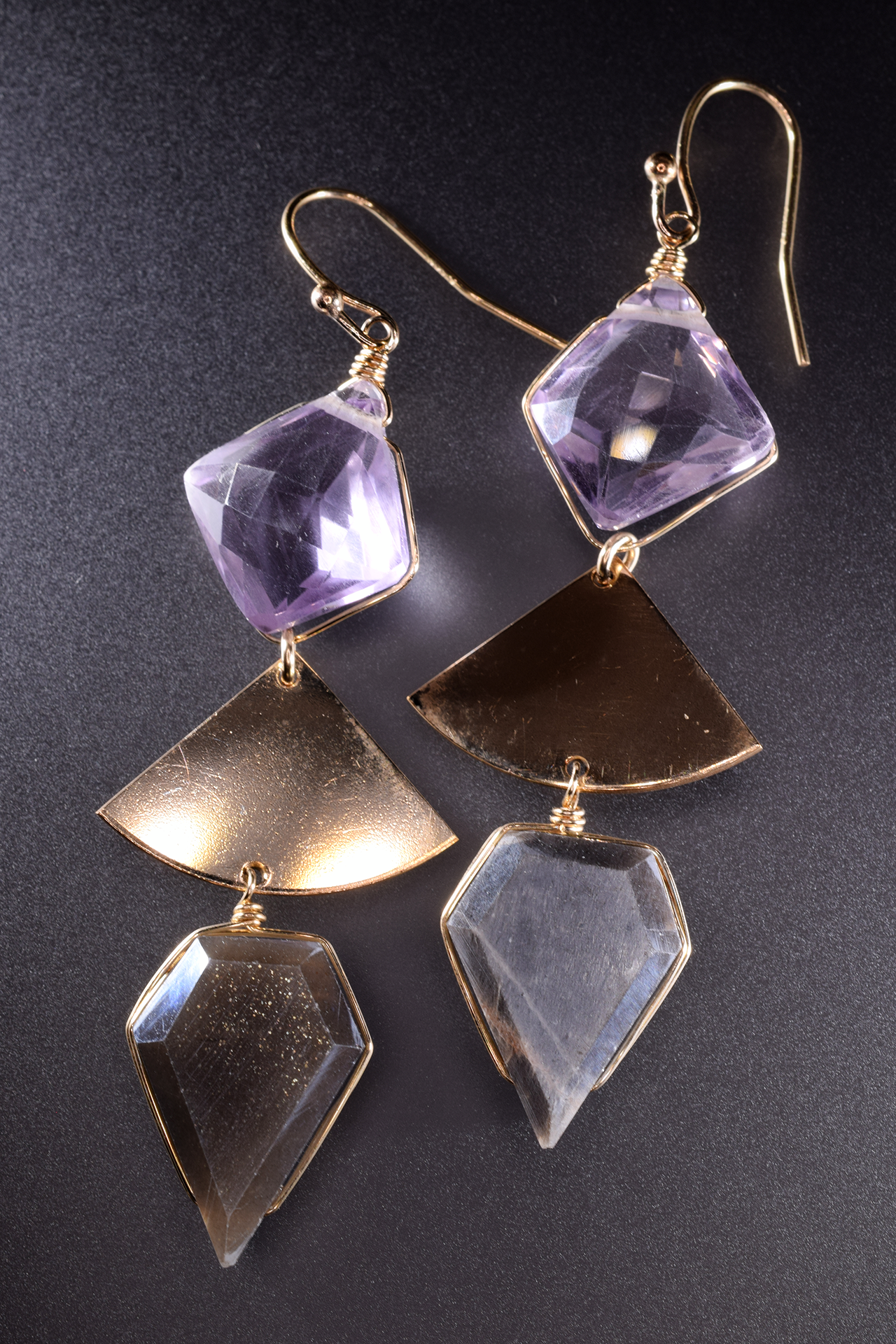 geometric triple short gemstone gold drop earrings