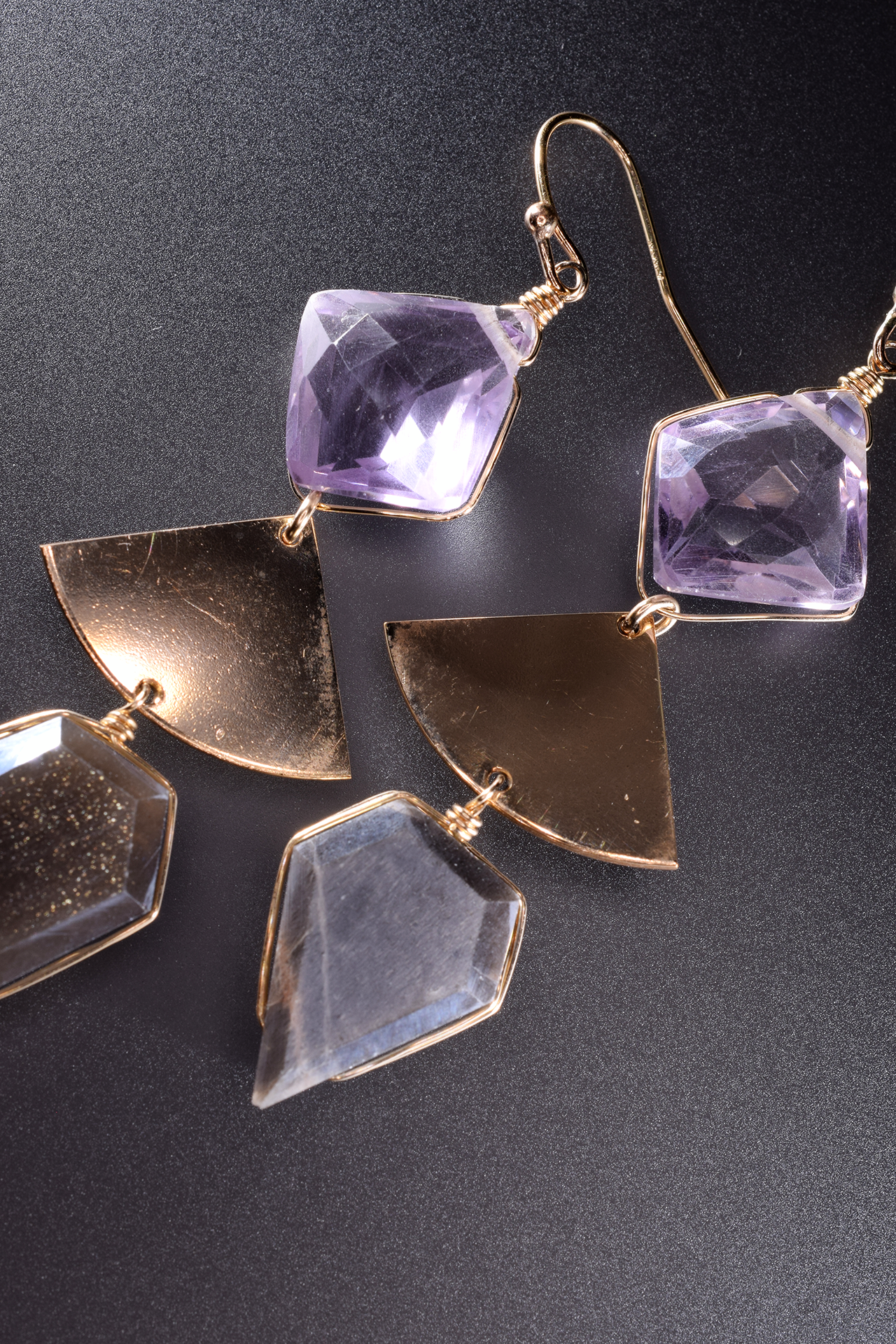 geometric triple short gemstone gold drop earrings