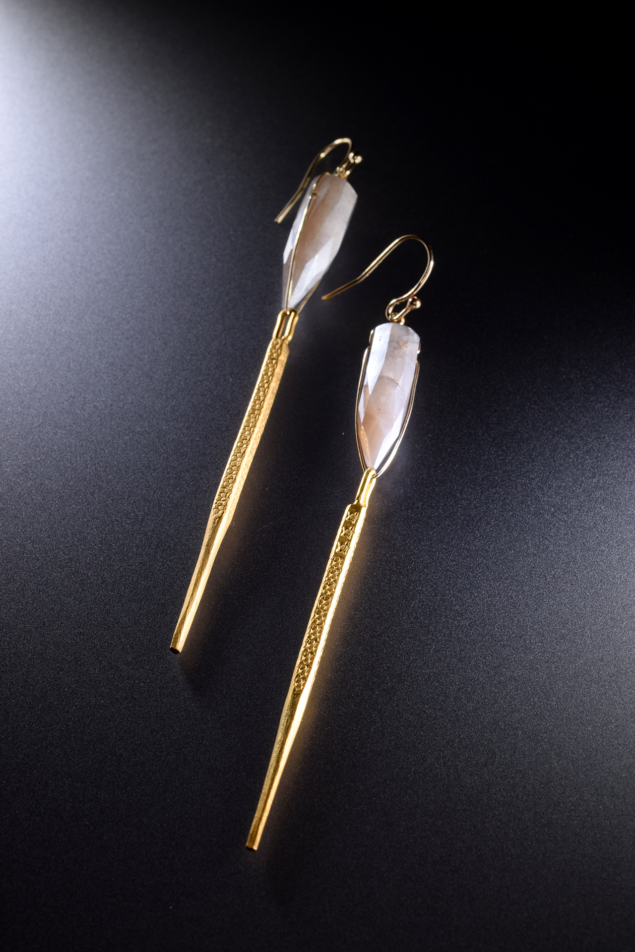 Single spike stiletto dangle gemstone gold earrings
