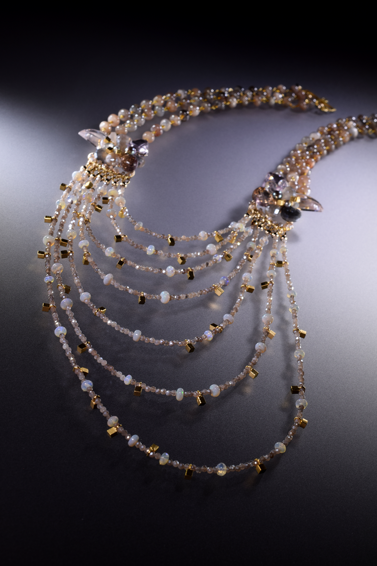 multi strand gemstone bib statement gold necklace