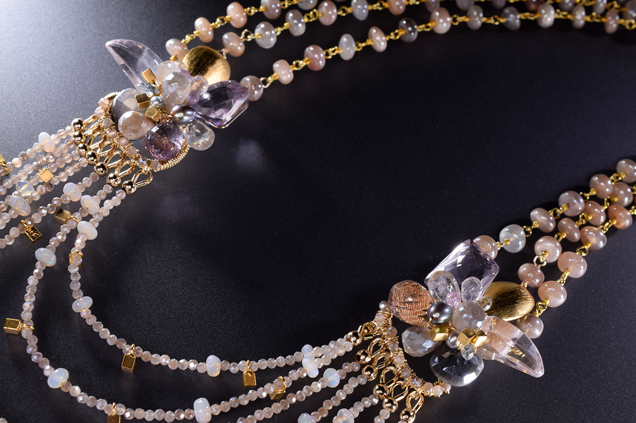multi strand gemstone bib statement gold necklace