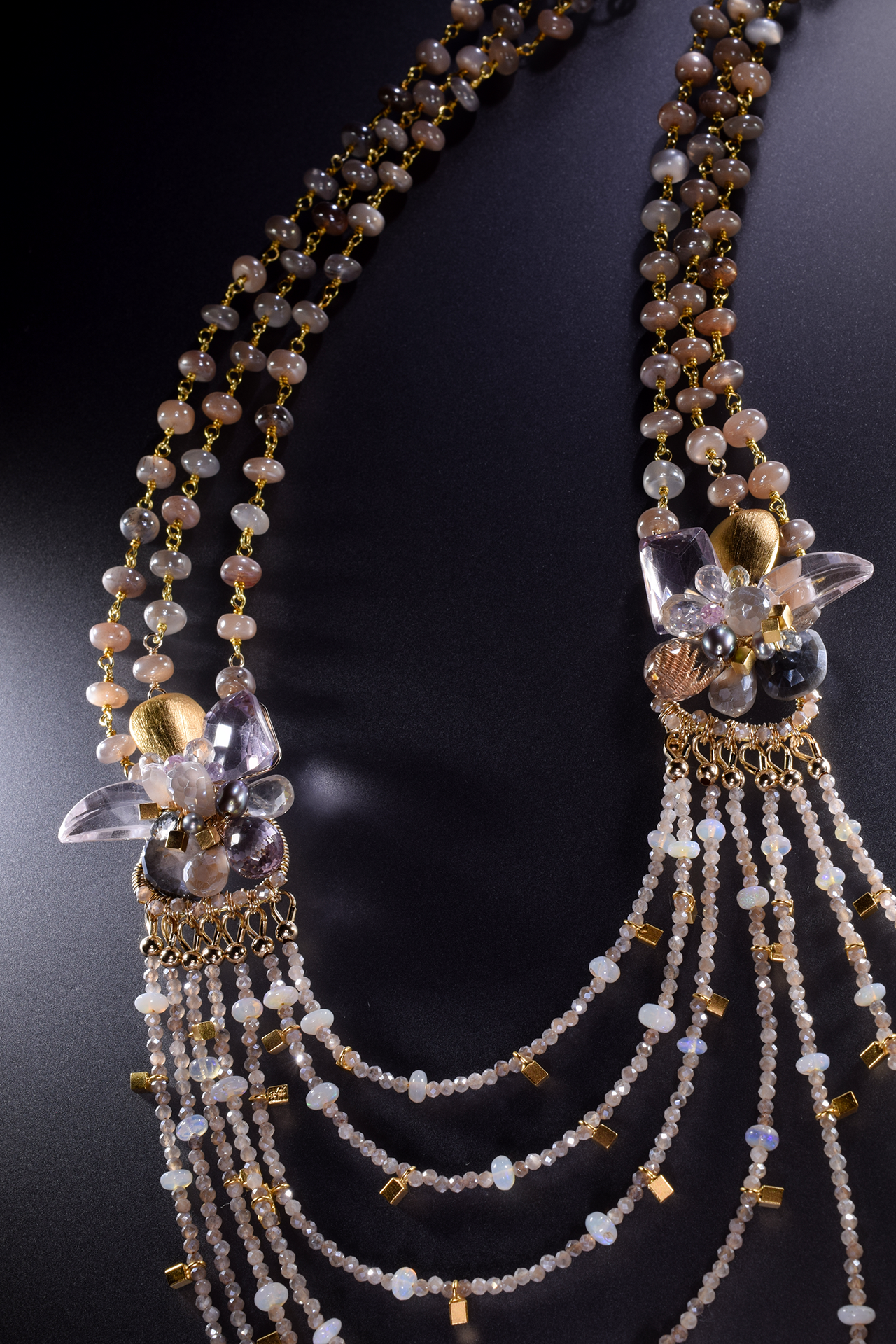 multi strand gemstone bib statement gold necklace