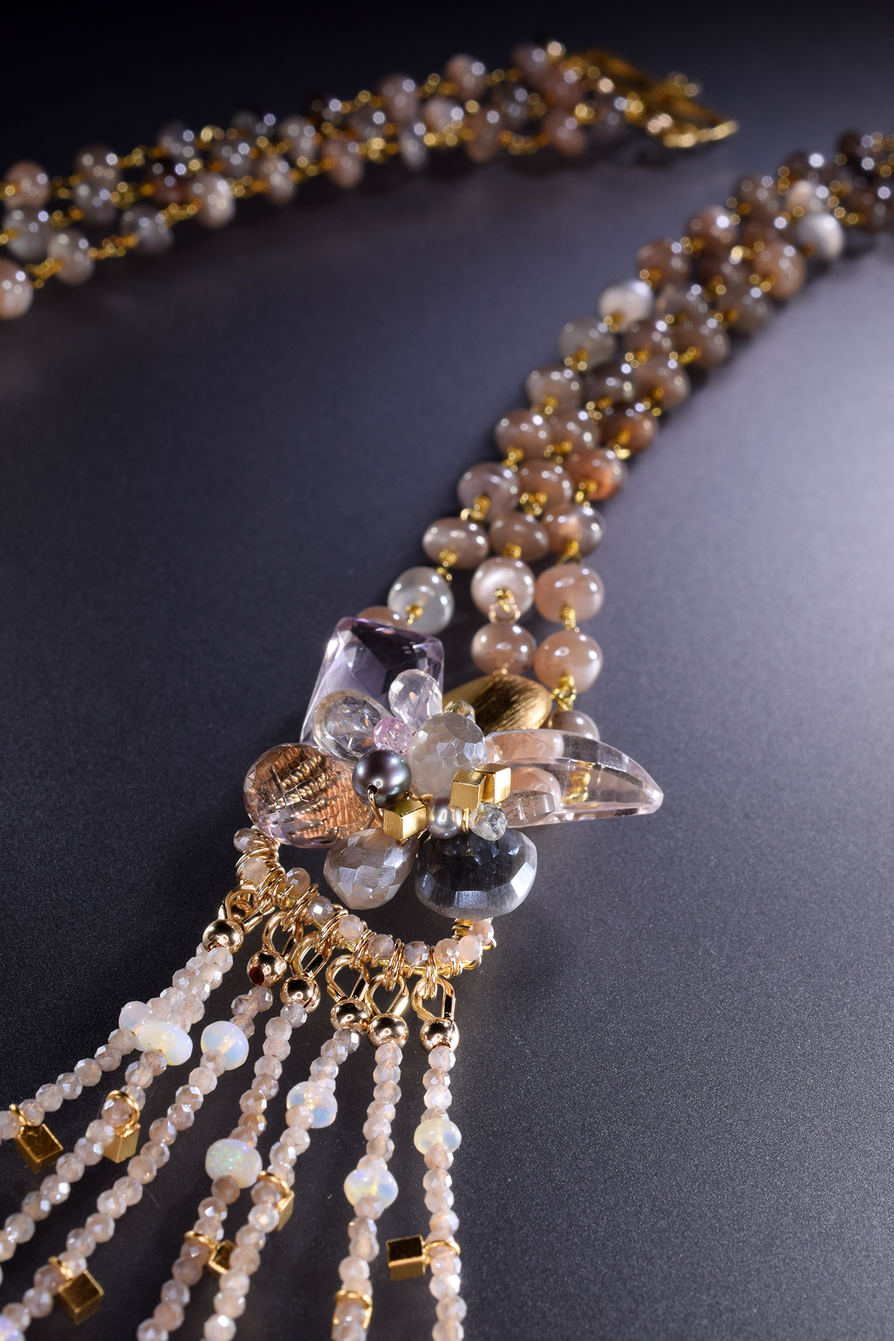 multi strand gemstone bib statement gold necklace