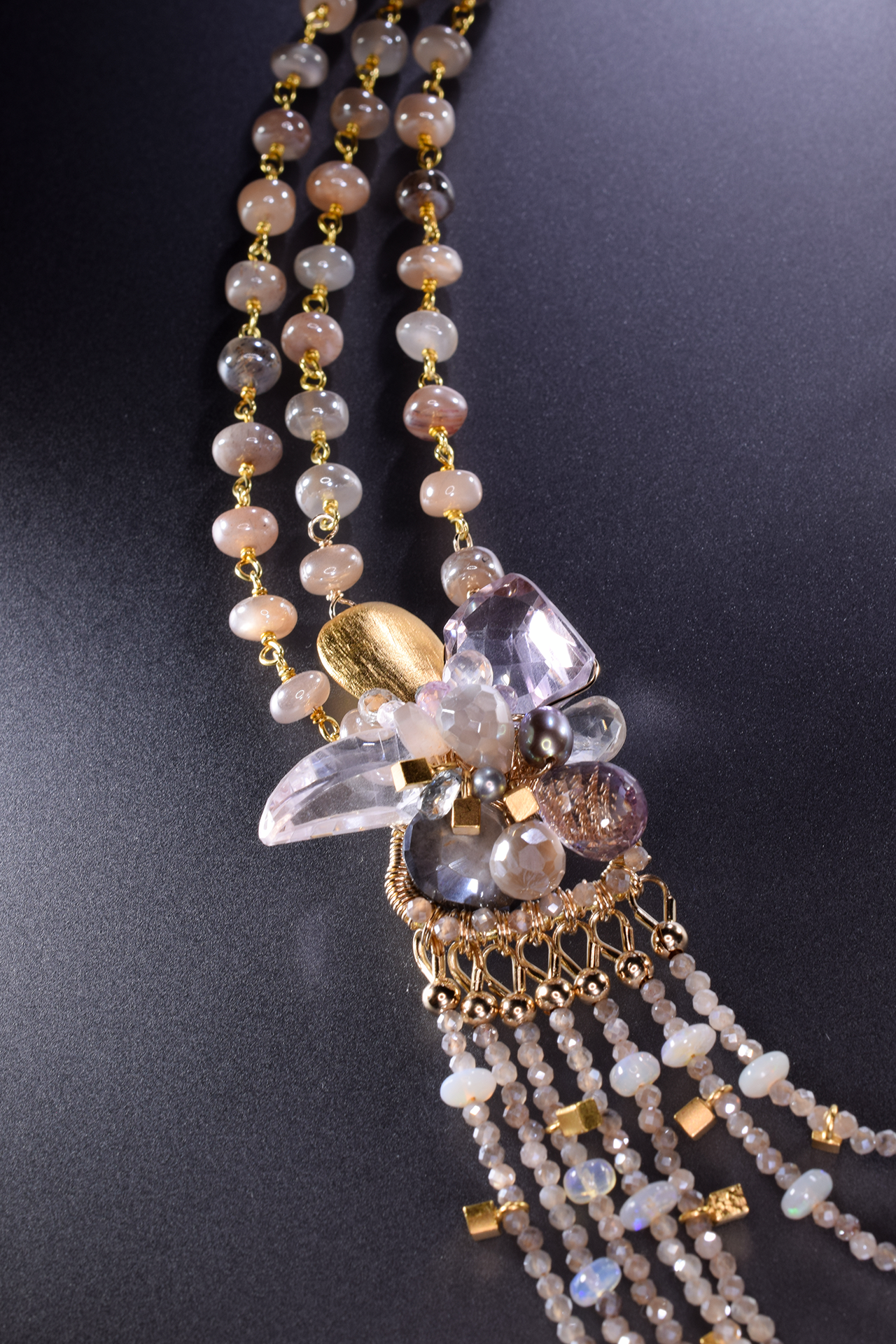 multi strand gemstone bib statement gold necklace