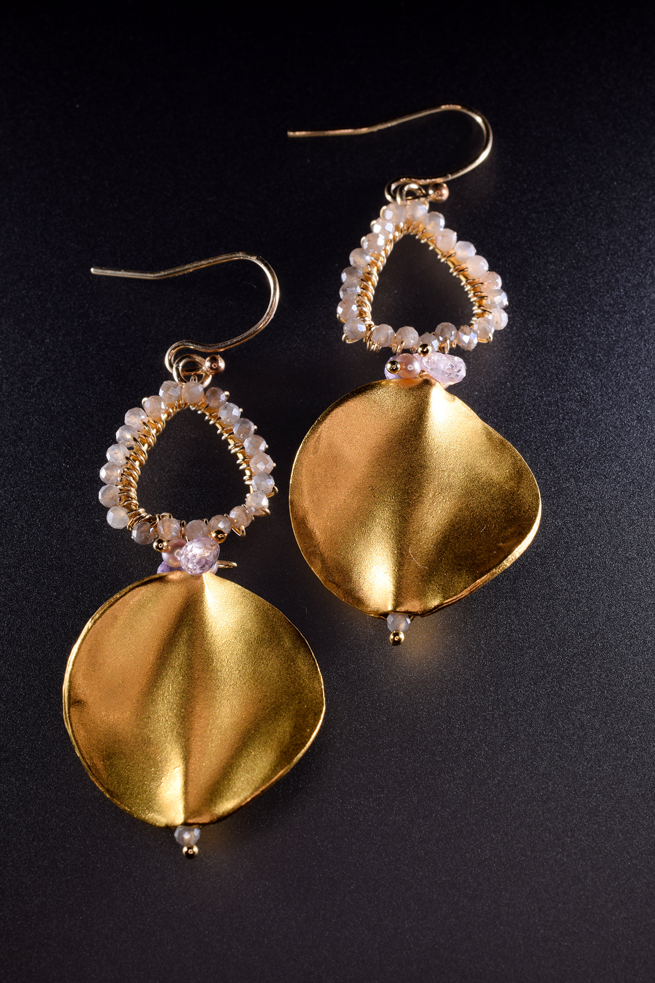 brushed gold circle disk gemstone drop earrings