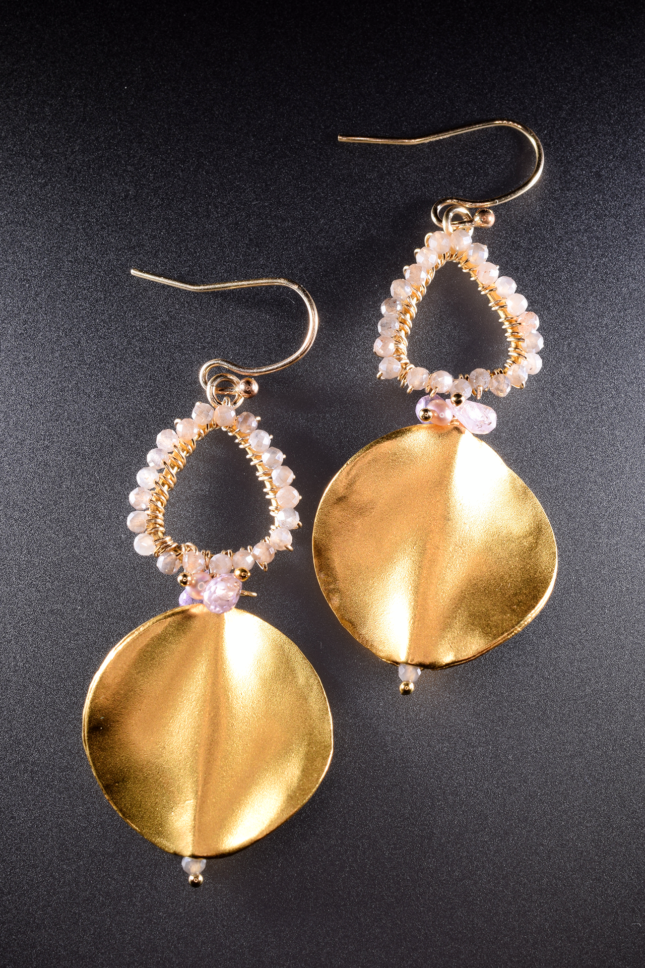 brushed gold circle disk gemstone drop earrings