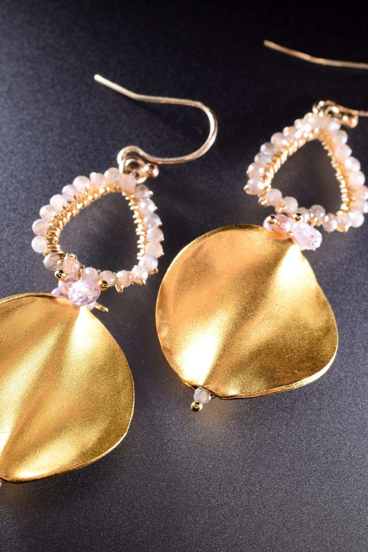 brushed gold circle disk gemstone drop earrings