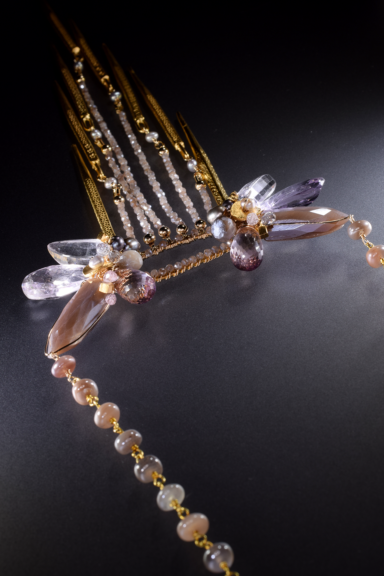 multi drop gemstone gold pearl statement necklace