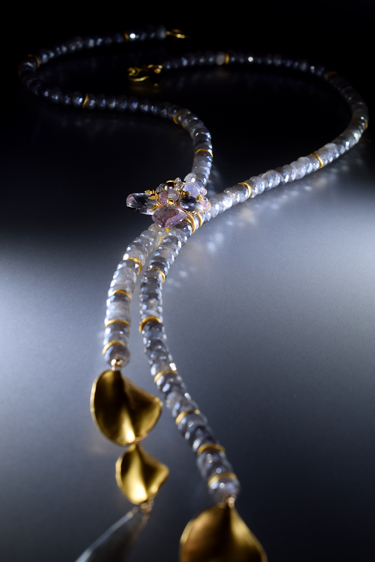 gemstone lariat double gold tassel long necklace