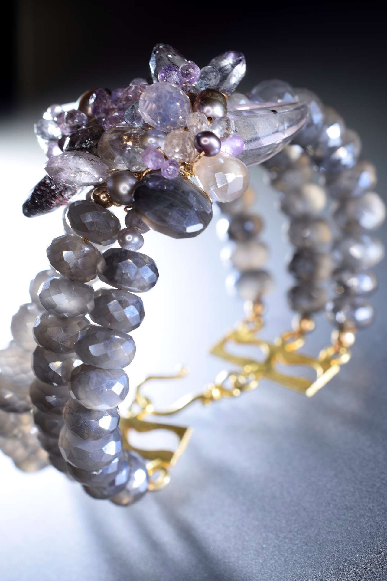 triple strand gemstone pearl cuff bracelet