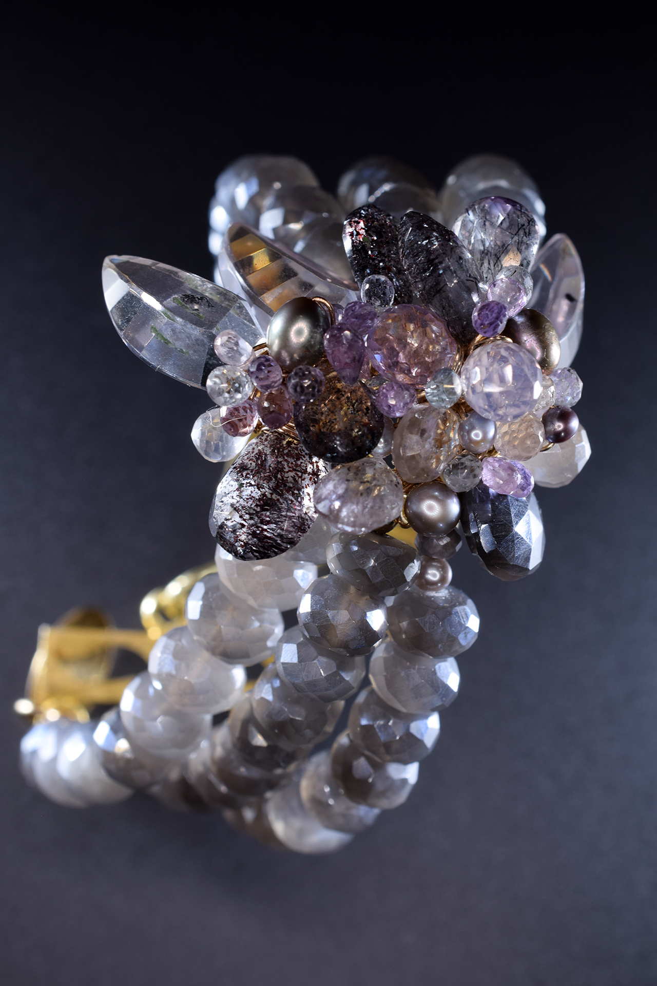 triple strand gemstone pearl cuff bracelet