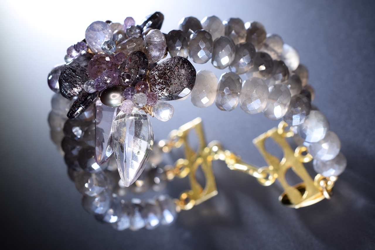 triple strand gemstone pearl cuff bracelet