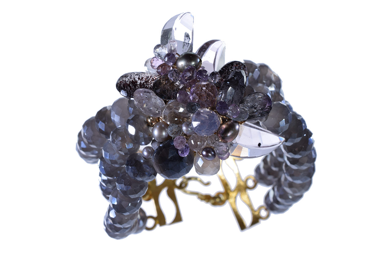 triple strand gemstone pearl cuff bracelet