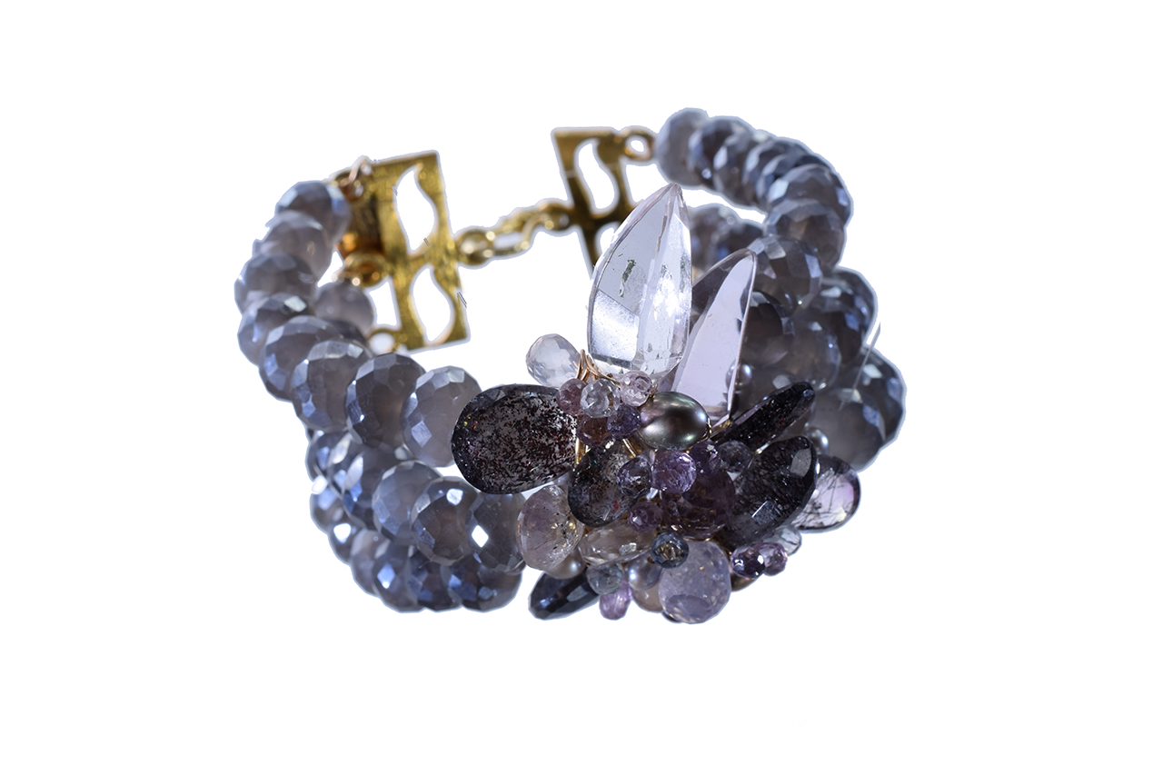 triple strand gemstone pearl cuff bracelet