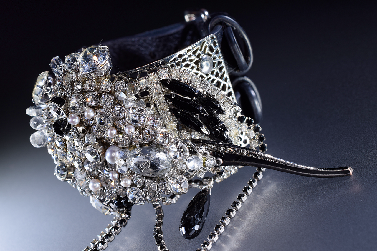 Rhinestone and leather cuff bracelet
