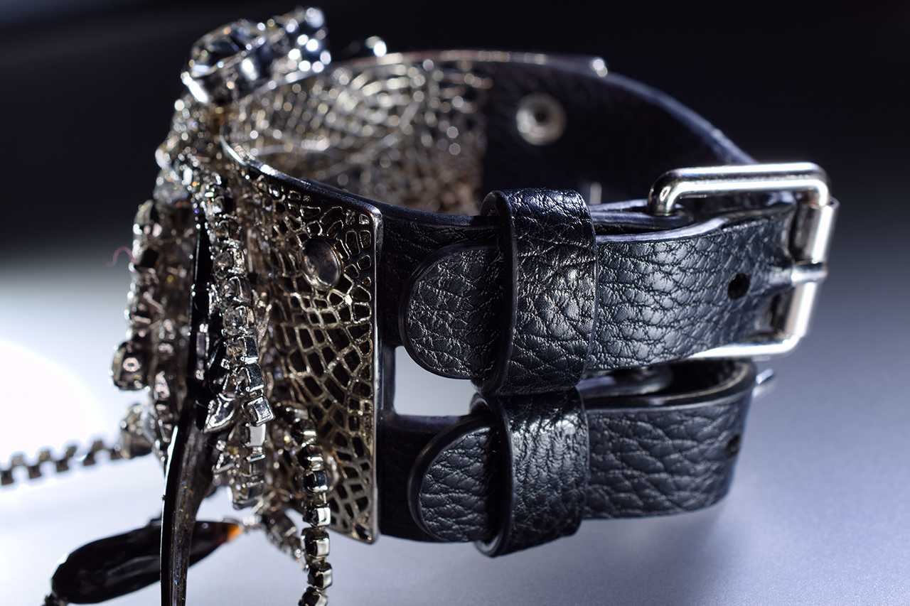 Rhinestone and leather cuff bracelet