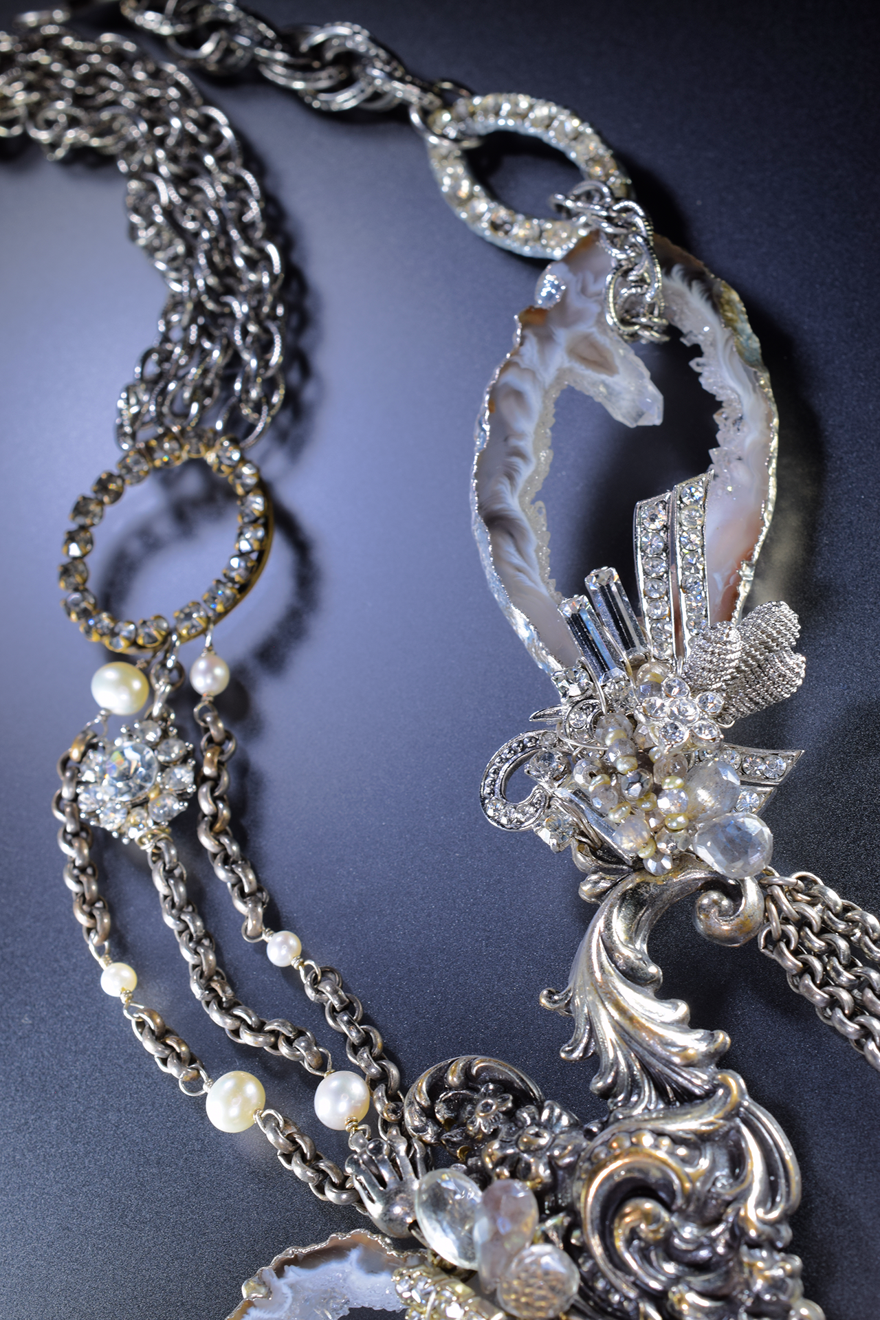 Vintage assemblage with sliced geodes and gemstones statement necklace