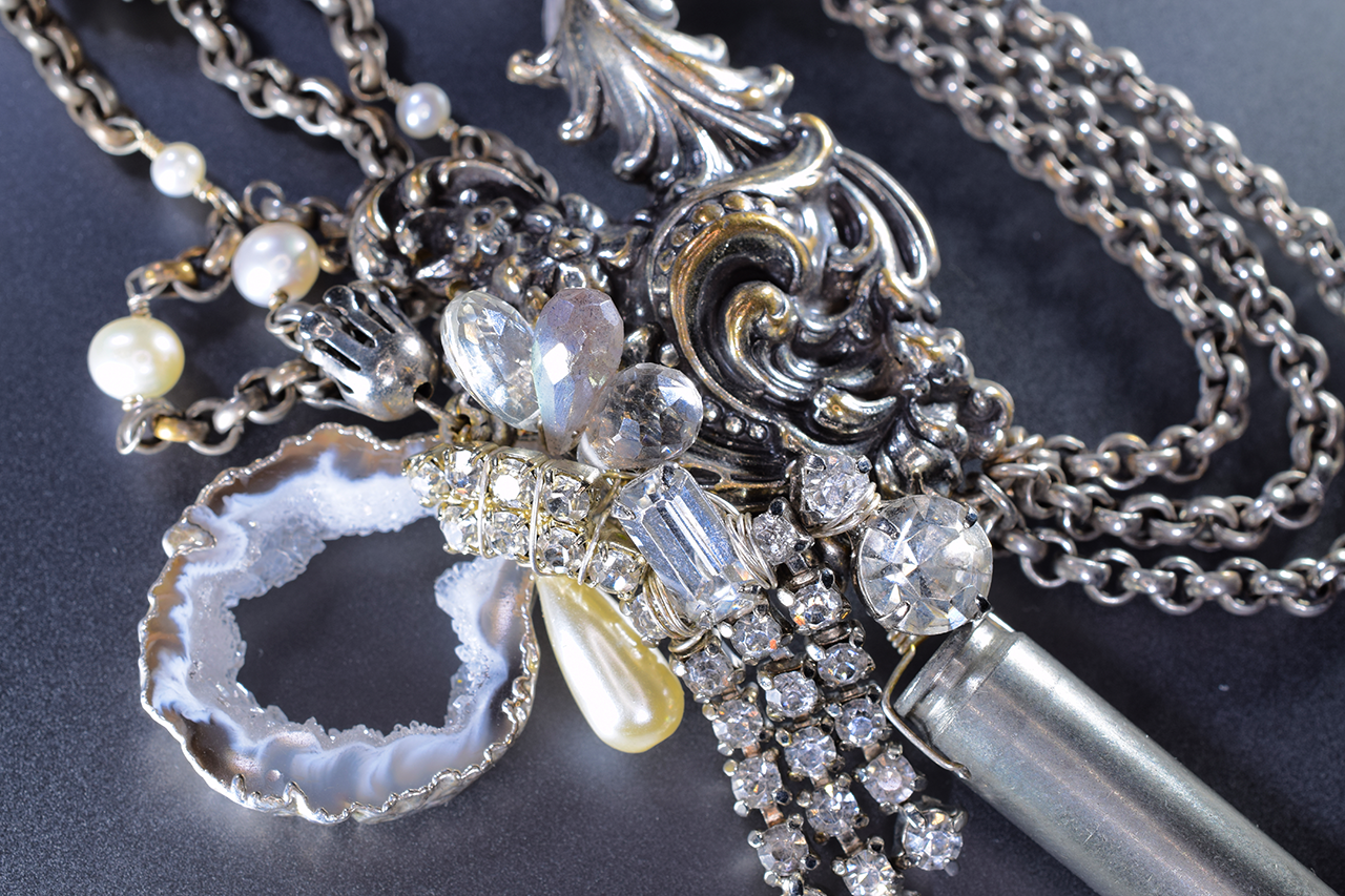 Vintage assemblage with sliced geodes and gemstones statement necklace