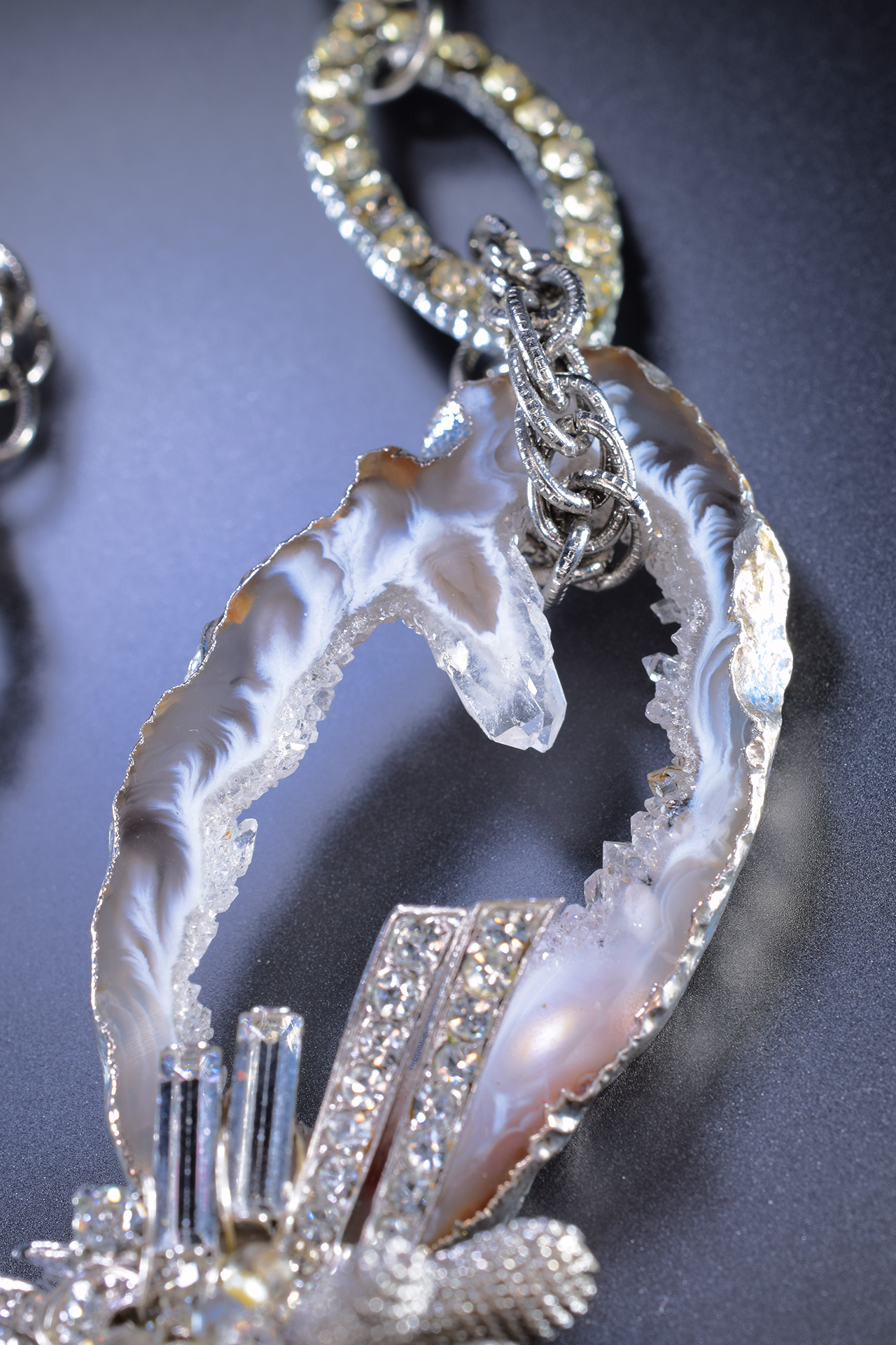 Vintage assemblage with sliced geodes and gemstones statement necklace