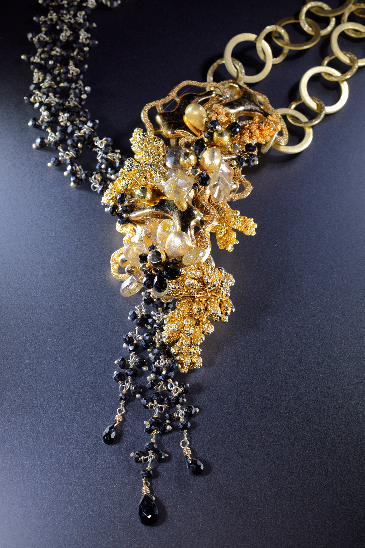 Gold with black spinel multi drop statement necklace