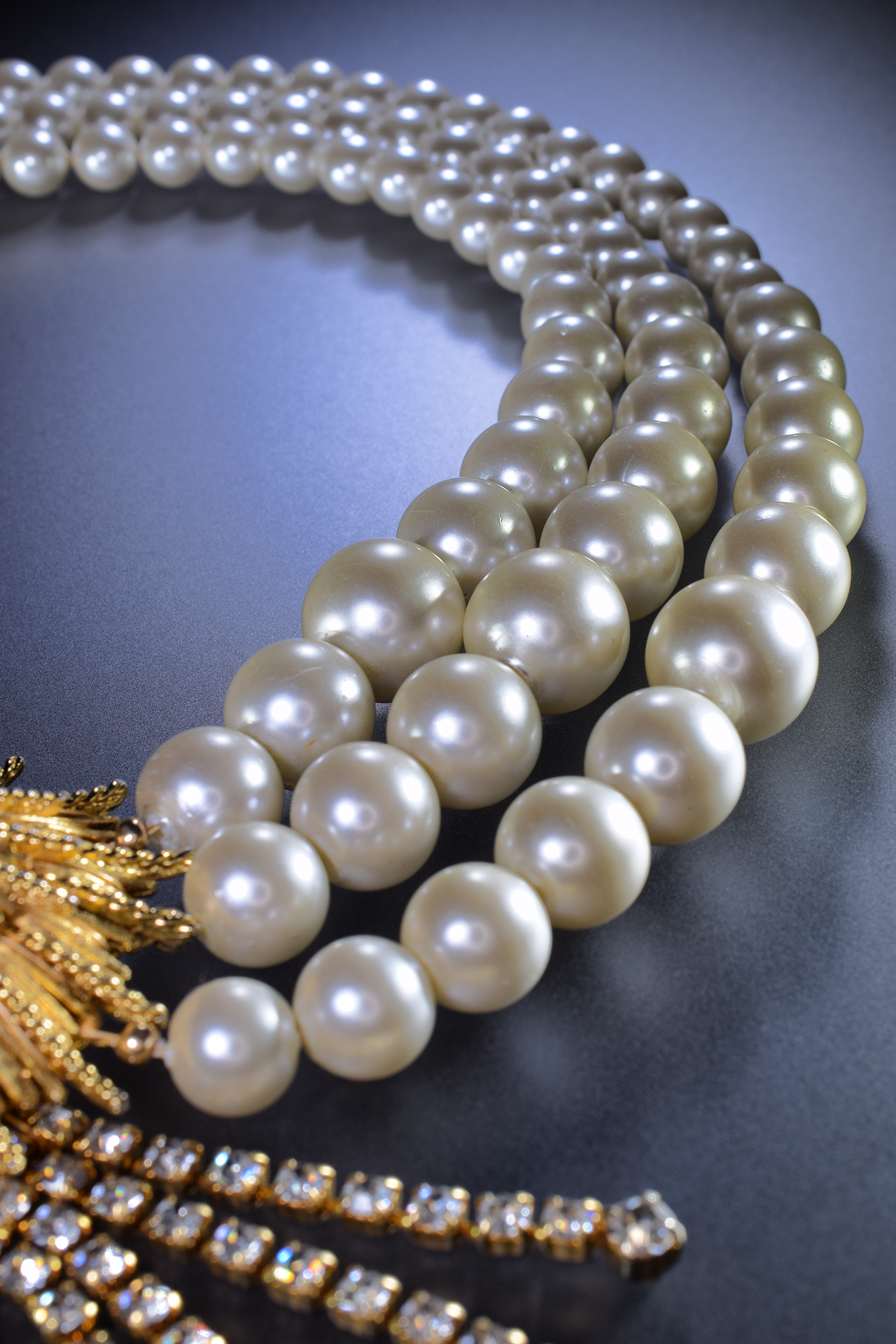 triple pearl strand reversible rhinestone asymmetrical statement necklace 