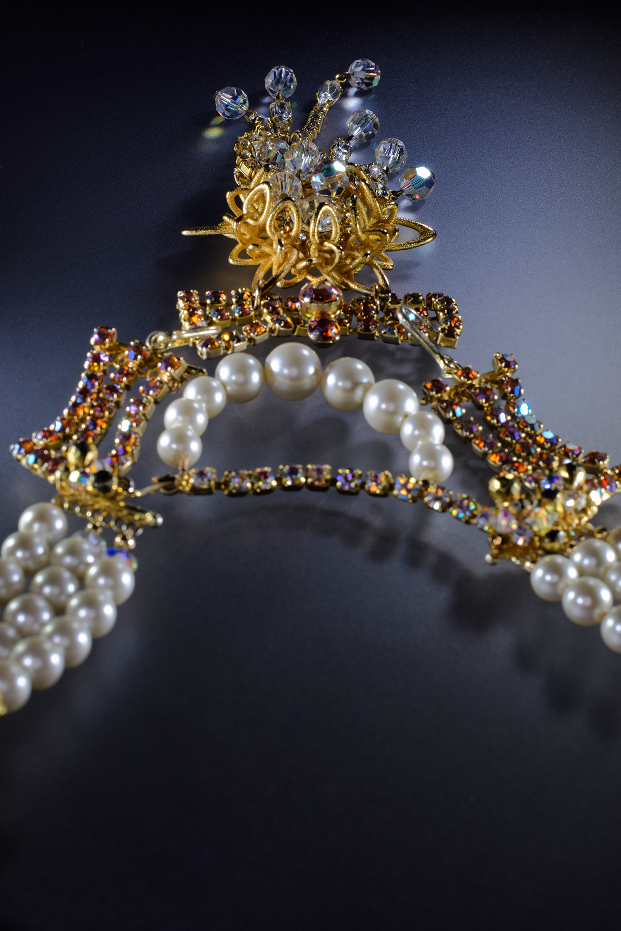 triple pearl strand reversible rhinestone asymmetrical statement necklace 