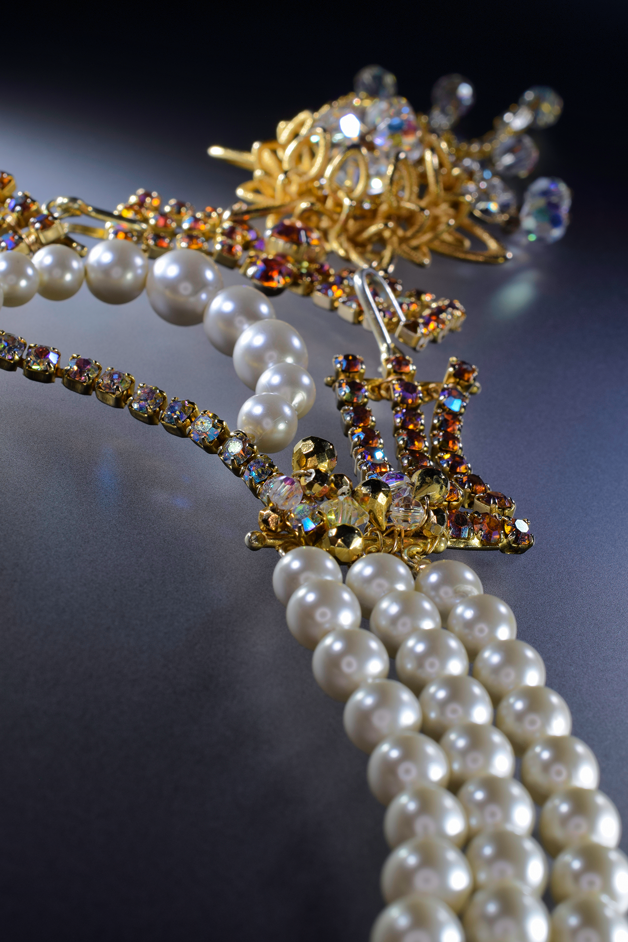 triple pearl strand reversible rhinestone asymmetrical statement necklace 