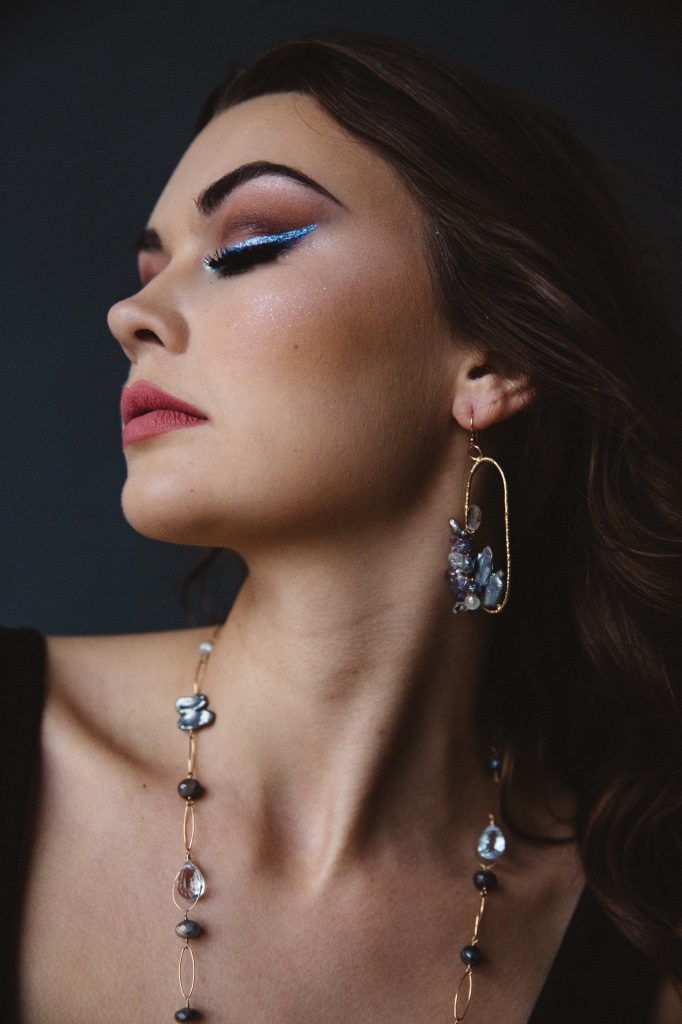 model wearing gemstone biwa pearl earrings